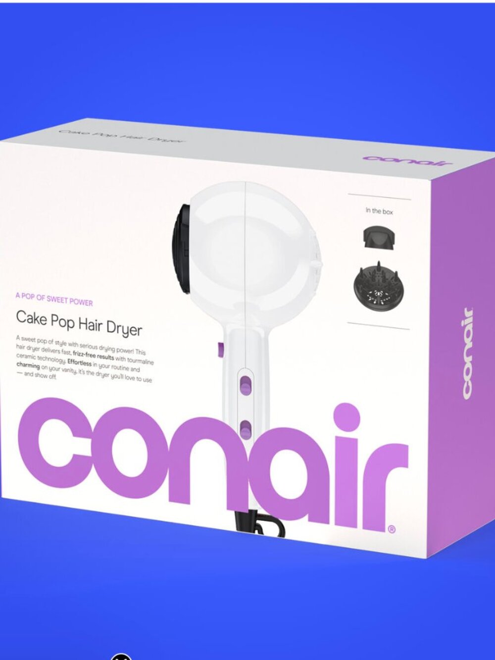 NEWConair Cake Pop Hair Dryer - White with Diffuser and Concentrator Attachments